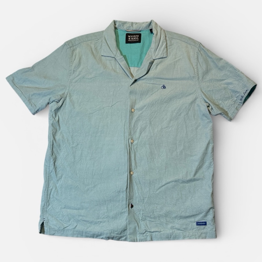 Scotch & Soda mens L Large blue corduroy camp collar button up casual shirt EUC